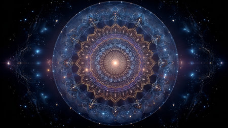 symmetrical mandala pattern radiates light in blue and gold tones, resembling a cosmic portal or futuristic energy source.の素材