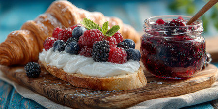 Delicious morning setup featuring croissants, berry jam, yogurtの素材