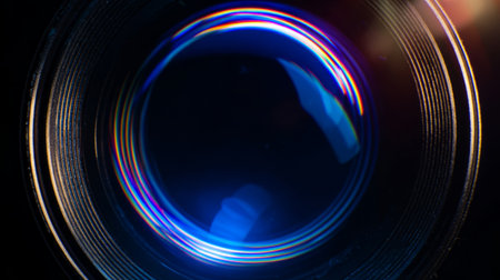 Close-up view of internal reflections and light flares within a macro camera lens, creating abstract circular glowing patterns.の素材
