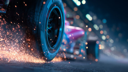 racing car tire skidding on asphalt, creating fiery sparks during a dramatic nighttime motorsport event.の素材