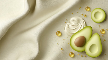 Close-up of ripe avocado halves arranged on a smooth swirl of cream with shiny oil drops on a soft fabric background.の素材