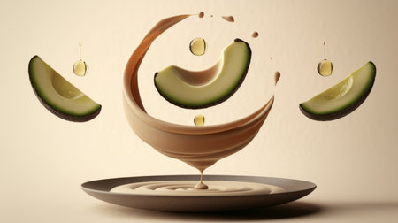 Creative composition of avocado halves suspended above a dish of smooth cream with golden oil drops and abstract swirling accents.の素材