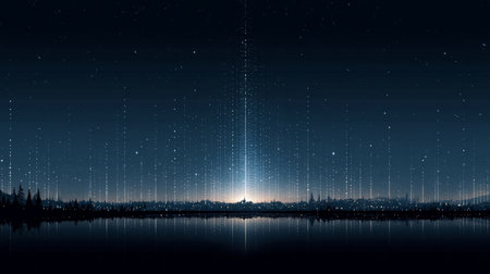 A digital cityscape at night with vertical beams of light and glowing particles, creating a sci-fi, cyberpunk atmosphere.の素材