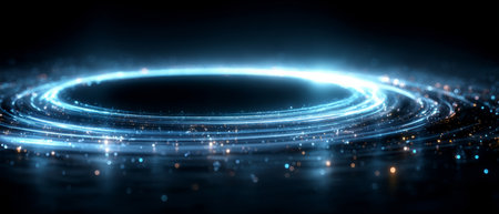 Abstract circular energy ring with glowing blue and orange light trails, particles, and mist, symbolizing power, technology, or sci-fi portals.の素材