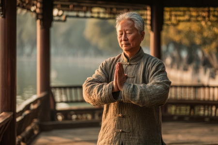 Senior individual performing tai chi movements in a calm outdoor pavilion setting, wearing traditional clothing with natural morning light.の素材