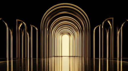 rand interior hall with golden arches, ceiling design, and polished reflective floor, opulent and architectural masterpiece.の素材