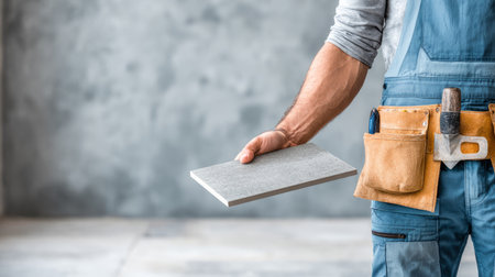 Close-up of a handyman in overalls and tool belt holding a single gray tile, ready for flooring or renovation project.の素材