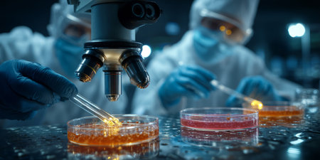 Focused female scientist in protective gear examines vibrant petri dish samples in a modern laboratory setting, conducting biological research.の素材