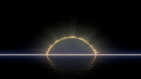 Dreamlike seascape featuring a glowing arc of light over calm ocean waters at sunset, surrounded by dramatic clouds and serene reflections.の素材