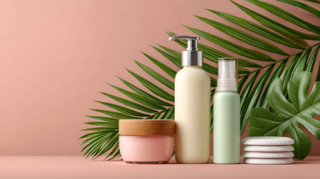 Organic skincare set with amber bottle, cream jar, and eco-friendly sponges surrounded by green tropical leaves on neutral background.の素材