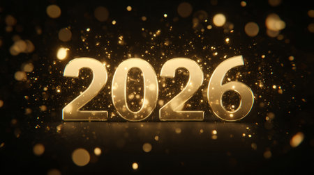 Glossy golden 2026 numerals on dark surface with scattered confetti and warm bokeh lights, ideal for New Year promotions.の素材