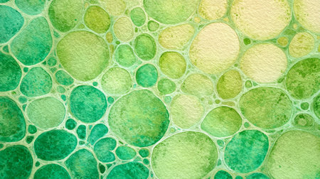 painting featuring overlapping green circles with textured details, creating an organic abstract pattern with fresh natural tones.の素材