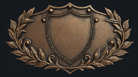 Antique bronze shield with a surrounding laurel wreath embossed on a weathered metallic surface, symbolizing honor and victory.の素材
