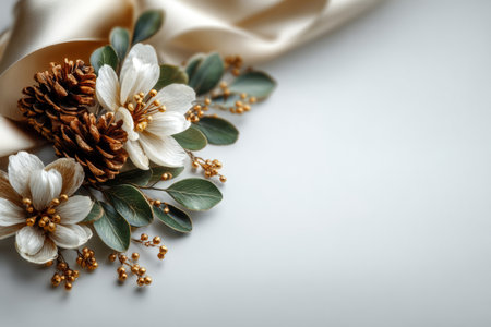 Elegant winter arrangement featuring frosted pinecone, teal satin bow, and evergreen sprigs on white textured background ideal for Christmas cards and packaging.の素材