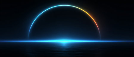 Minimal abstract scene with a glowing neon blue semicircle rising above a calm water surface, creating a sci-fi or digital sunrise effect.の素材