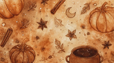 Seamless fall illustration featuring pumpkins, cauldron with cinnamon sticks, star anise, crescent moon, and leaves in warm earthy tones.の素材