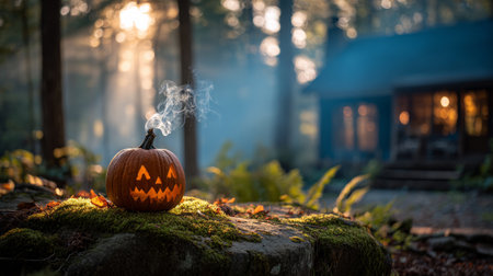 A pumpkin lantern on a mossy stump, a wisp of smoke above, columns of blue fog between the treesの素材