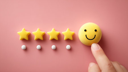 smiley after four gold stars on dark background, symbolizing five star rating, reviews, customer satisfaction and service quality.の素材