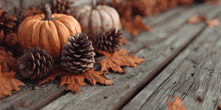 Warm fall still life with pumpkins, pinecones, and dried leaves on rustic wooden table perfect for Thanksgivingの素材