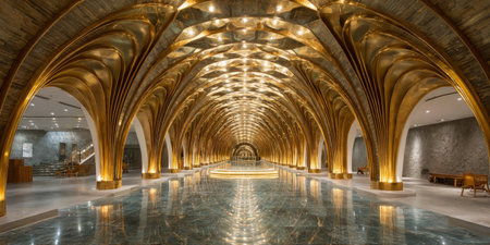 rand interior hall with golden arches, ceiling design, and polished reflective floor, opulent and architectural masterpiece.の素材