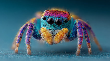 vibrant jumping spider with iridescent blue, purple, and orange hairs, showing its detailed eyes and textures.の素材