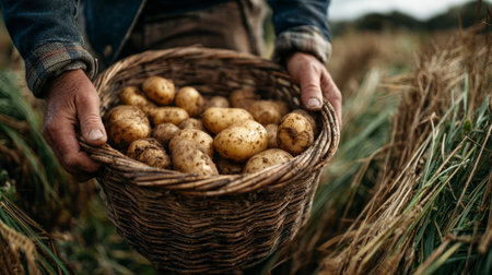 Close-up of farmer s hands holding a rustic wicker basket full of freshly harvested potatoes in a field, symbolizing organic agriculture.の素材