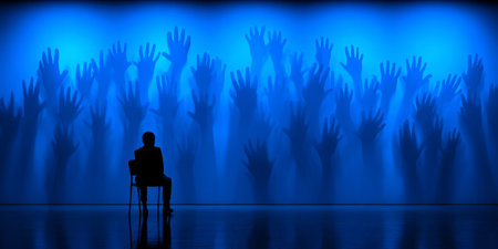 Lonely person overwhelmed by reaching ghostly handsの素材