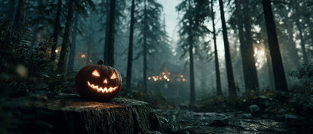 Glowing carved pumpkin with a cheerful face sits on a tree stump in a misty forestの素材