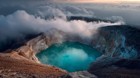 Stunning aerial photo of a turquoise volcanic crater lake surrounded by rugged mountains, with sulfuric steam rising through clouds.の素材