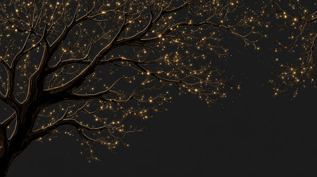 Elegant gold branches and sparkles form a border on deep navy background with generous copy space perfect for holiday invitations and headers.の素材