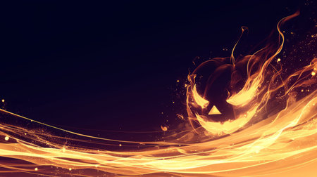 Sinister flaming pumpkin face on dark backgroundの素材
