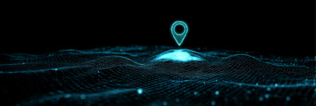3D render of a glowing location marker floating above a dynamic, tech-inspired surface made of digital waves and data particles.の素材