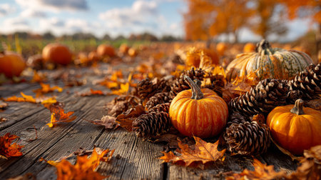 Warm fall still life with pumpkins, pinecones, and dried leaves on rustic wooden table perfect for Thanksgivingの素材