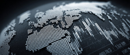 High-tech visual of dotted halftone world map with glowing horizon and financial skylineの素材