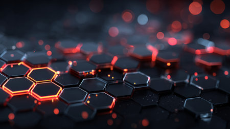 hexagon grid with glowing orange and blue edges, illuminated by floating particles on a dark futuristic background.の素材
