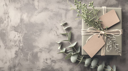 Elegant wrapped gift box decorated with rustic twine, blank kraft paper tags, and fresh greenery on a textured concrete background.の素材
