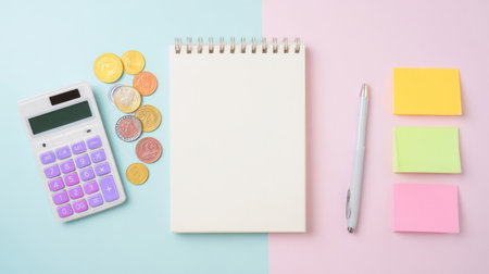 Stacked coins, calculator, and colorful sticky notes on a notepad symbolize budgeting, saving, and personal financial planning concepts.の素材