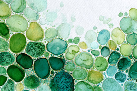 painting featuring overlapping green circles with textured details, creating an organic abstract pattern with fresh natural tones.の素材