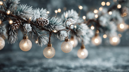 Close-up of frosted pine branches decorated with glowing lights and elegant golden and white baubles, creating a festive holiday atmosphere.の素材