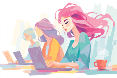 Candid portrait of a happy young woman at tech conference, wearing badge, vibrant neon lighting, laptops and crowd blurred in background.の素材