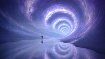 lone figure gazes at a breathtaking cosmic vortex of stars and clouds above a reflective water surface, evoking wonder and mystery.の素材