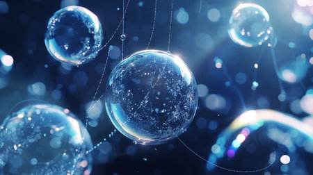 Close-up abstract view of transparent water bubbles floating underwater, illuminated by glowing light reflections and a soft blue background.の素材