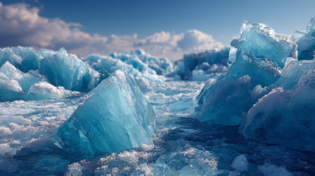 Striking blue ice shards and frozen surfaces create a dramatic arctic landscape beneath a bright sky with soft clouds.の素材