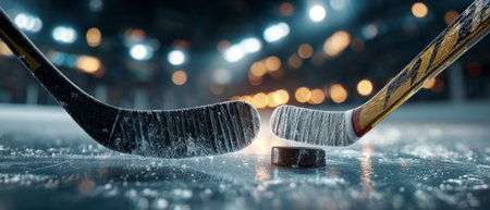 Close-up of two ice hockey sticks facing off over a puck on the rink, with ice particles flying under stadium lights.の素材