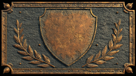 Antique bronze shield with a surrounding laurel wreath embossed on a weathered metallic surface, symbolizing honor and victory.の素材