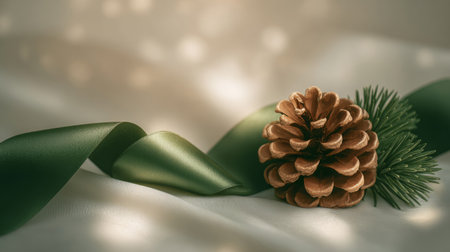 Elegant Christmas detail: pinecone and evergreen sprig with gilded berries tied with deep green satin ribbon on soft fabric, ideal for gift wrapping and table decor.の素材