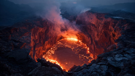Dramatic view of a glowing lava lake within an active volcano crater, surrounded by rugged rock and rising steam at dusk.の素材