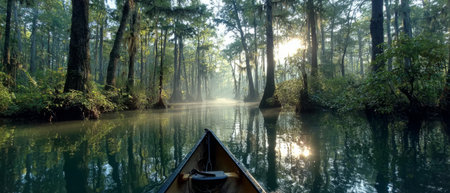 Peaceful canoe ride through a mist-covered forest river with morning sunlight filtering through treesの素材