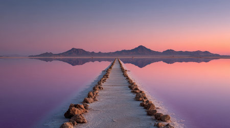 stone path stretches into a calm reflective lake under a pink and purple sunset sky, with mountains in distance.の素材