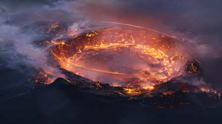 Dramatic aerial photograph of an erupting volcano, glowing lava and fiery fissures encircling the crater beneath a towering ash plume.の素材